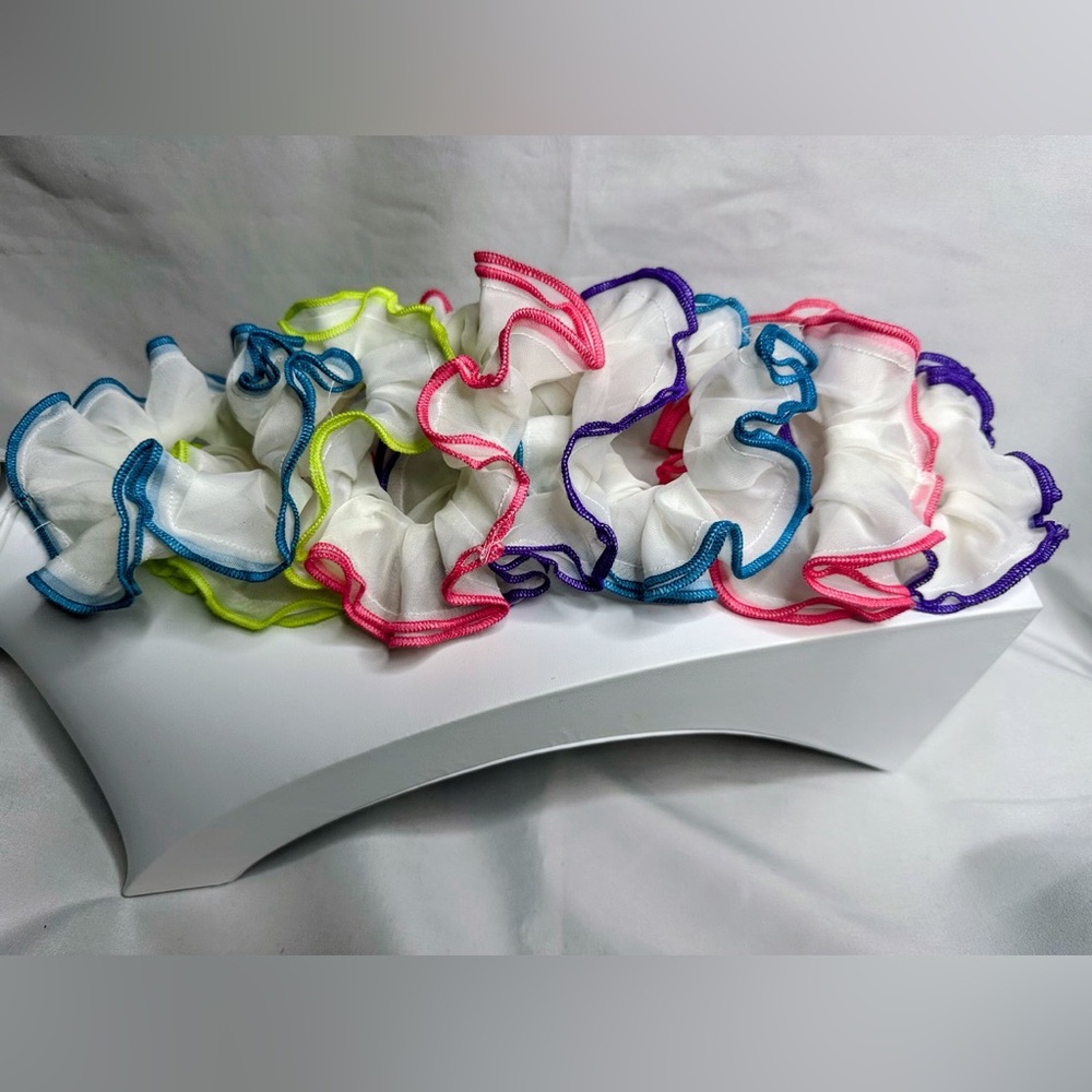7 Colorful Ruffle Mesh Scrunchies Set White with Neon Trim